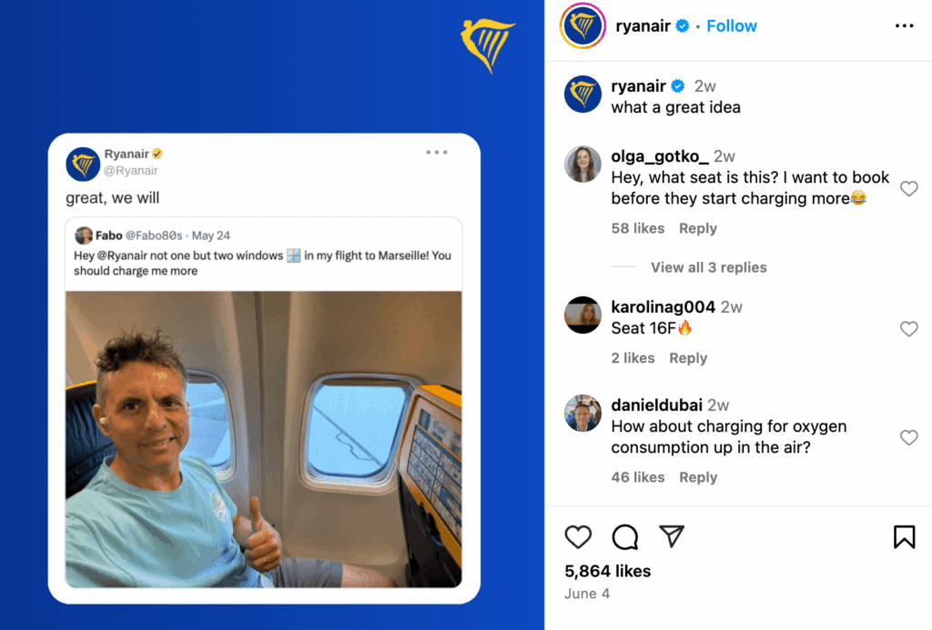 A relatable screenshot meme from RyanAir on their Instagram account.